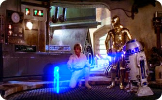 R2-D2 displays message of Princess Leia to Luke Skywalker
