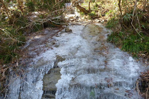 斜面から水が流れているところも凍っています