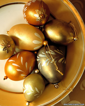 Transform quail and chicken eggs into shimmering ornaments that look as beautiful displayed in a pretty bowl as they do hanging from the tree. Transform quail and chicken eggs into shimmering ornaments that look as beautiful displayed in a pretty bowl as they do hanging from the tree.