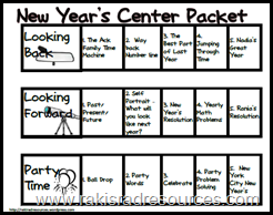 Printable New Year's Center Packet with activities about new year's resolutions, self portraits, math problem solving, reading comprehension and verb tenses by Raki's Rad Resources