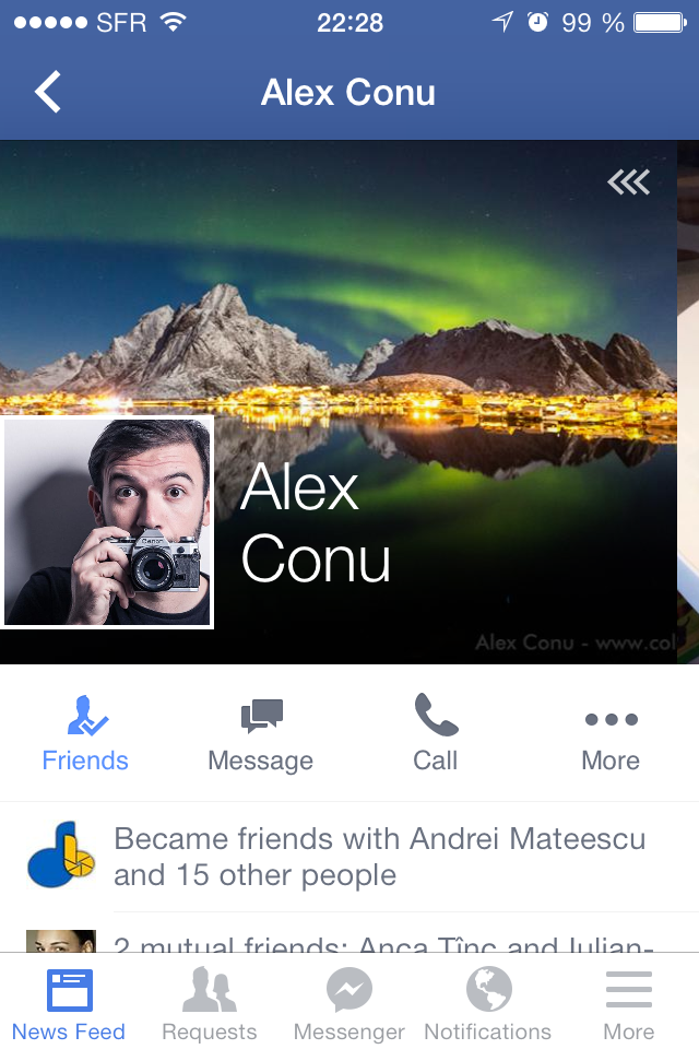 User profiles Facebook 8.0 on iOS: top section with cover photo
