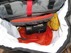 Sleeping bag in silnylon sack and pressed down - Jetboil on top near back