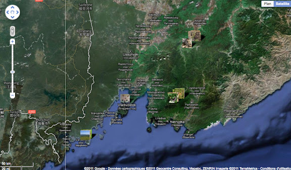 Localisation des photos en Primorye (Oussouri) : Vladivostok (au centre), Tigrovoy et Anisimovka (à l'est), Anutchino (au nord-est) et Andreevka (sud-ouest).