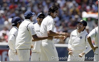 Indian players celebrate after Ishant Sharma bowled out Micahel Clarke of Australia during the third day of the first test match at the Melbourne Cricket Ground