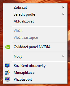 nVIDIA ovládací panel menu