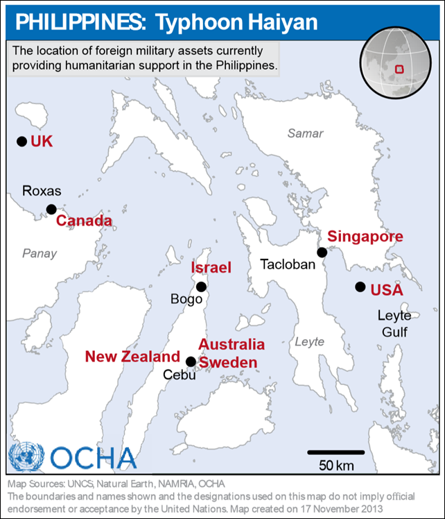 Locations of foreign military assets providing humanitarian support in the Philippines, 17 November 2013. Graphic: OCHA