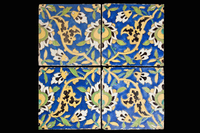 Four Tiles from a Panel cuerda seca cuerda seca | Origin: Iran, Isfahan | Period: 17th century | Collection: The Nasli M. Heeramaneck Collection, gift of Joan Palevsky (M.73.5.759) | Type: Ceramic; Architectural element, Fritware, cuerda seca, 9 x 9 in. (22.86 x 22.86 cm)