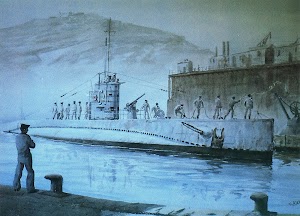 El C-4 amarrando en la base de submarinos de Cartagena. Excelente acuarela de G. de Aledo. Del libro NUESTRA MARINA
