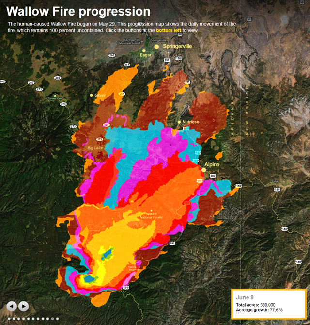 Progression of the Wallow Fire in Arizona, June 2011. The human-caused Wallow Fire began on May 29. This progression map shows the daily movement of the fire, which remains 100 percent uncontained. azcentral.com