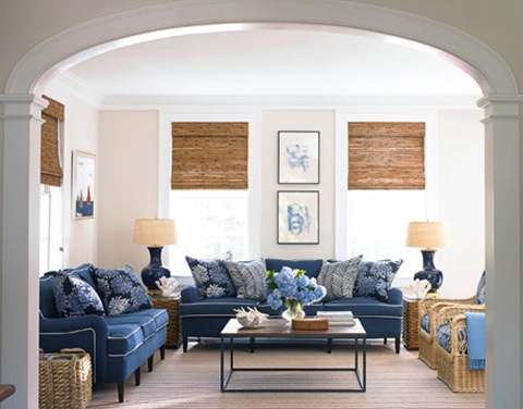 blue and white family room by Lynn Morgan