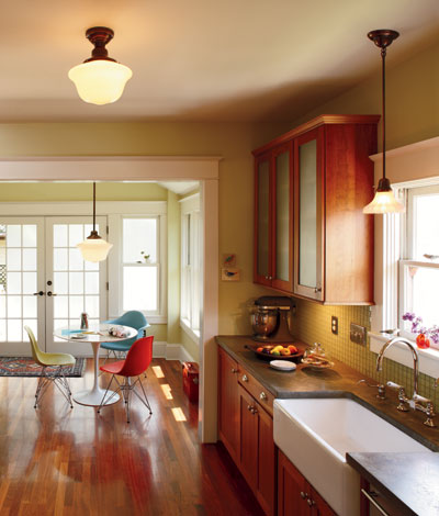 The Rose City and Lombard fixtures pair nicely with the more delicate Brightwood pendant over the sink. The Rose City and Lombard fixtures pair nicely with the more delicate Brightwood pendant over the sink.
