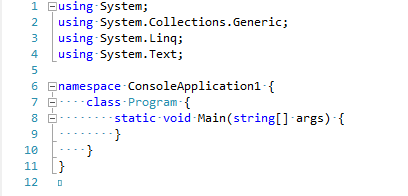 Editor de código do Visual Studio 2010 com a opção de exibir caracteres ocultos ativada