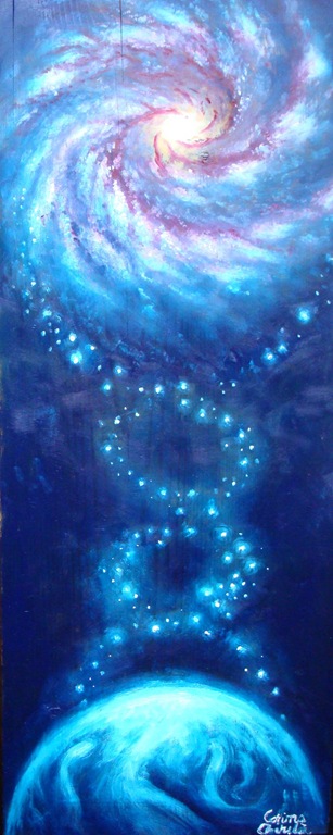 ADNul cosmic, spirala vietii pe Pamant si in galaxie, pictura ulei pe lemn - Oil on wood painting of the cosmic DNA the spyral of life on Earth and in the galaxy