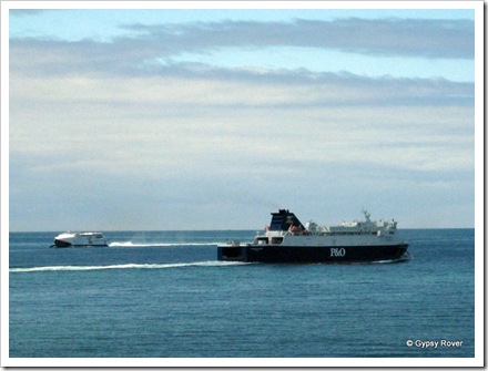 P&O fast ferry from Ireland passing a conventional ferry leaving Loch Ryan for Belfast or Larne.