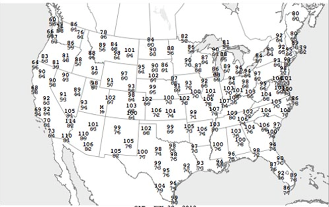 Maximum and minimum temperatures recorded across the U.S. on 29 June 2012. Map from Daily Weather Maps and NOAA via wunderground.com