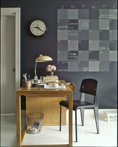 Replace a desk blotter calendar with a more graphic wall calendar made with chalkboard paint. Replace a desk blotter calendar with a more graphic wall calendar made with chalkboard paint.