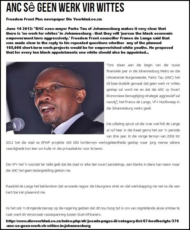whites denied all jobs by ANC mayor Parks Tau Johannesburg June1420122 DIEVOORBLAD FREEDOMFRONTPLUS