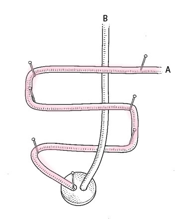 Seal ends of cord with seam sealant. Thread through buttonholes, keeping ends even, and lay face down on foam board. Insert pin through one buttonhole and cord to secure. Make S bend with end A, securing by winding around pins; pierce cord with pin at top right corner of S bend. Weave end B over first horizontal segment of S bend, and under the next two. Seal ends of cord with seam sealant. Thread through buttonholes, keeping ends even, and lay face down on foam board. Insert pin through one buttonhole and cord to secure. Make S bend with end A, securing by winding around pins; pierce cord with pin at top right corner of S bend. Weave end B over first horizontal segment of S bend, and under the next two.