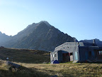 Sunrise on the Refuge du Rhule with the Pic du Rhule (2783m) in the background.