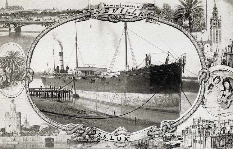 Postal del s.s. LUX. Anteriormente había sido el petrolero LE LION. Foto del libro Historia Gráfica del Puerto de Sevilla.JPG