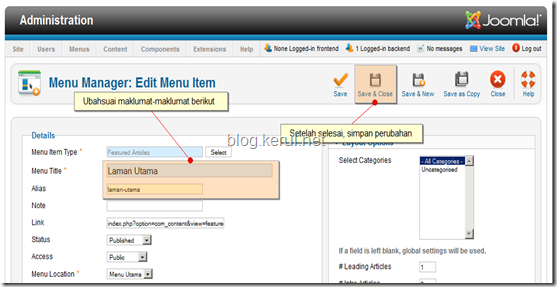 menu Joomla! 1.7 - edit menu Laman Utama