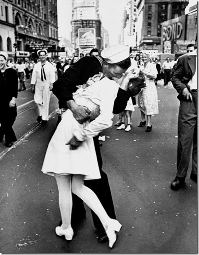 A jubilant American sailor clutching a white-uniformed nurse in a back-bending, passionate kiss as he vents his joy while thousands jam Times Square to celebrate the long awaited-victory over Japan. (Photo by Alfred Eisenstaedt//Time Life Pictures/Getty Images) A jubilant American sailor clutching a white-uniformed nurse in a back-bending, passionate kiss as he vents his joy while thousands jam Times Square to celebrate the long awaited-victory over Japan. (Photo by Alfred Eisenstaedt//Time Life Pictures/Getty Images)