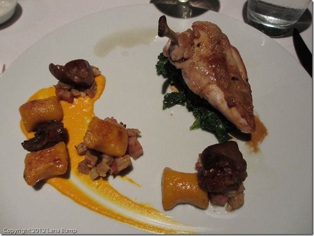 Chicken with butternut squash gnocchi and lardons