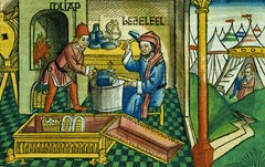 Exodus 31 2-8 Bezalel and Oholiab making the Ark of the Covenant, from the 'Nuremberg Bible (Biblia Sacra Germanaica)'