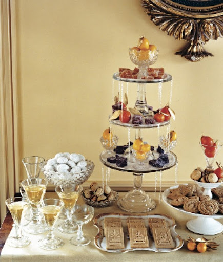 Faux-icicles dripping down the side of this stack of dessert stands gives the table a wintery look. Faux-icicles dripping down the side of this stack of dessert stands gives the table a wintery look.