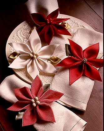Instead of putting the poinsettia inspired ornaments on a tree, you can tie them with ribbon around your napkin to make the perfect napkin ring/holder. Instead of putting the poinsettia inspired ornaments on a tree, you can tie them with ribbon around your napkin to make the perfect napkin ring/holder.