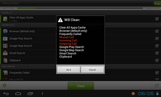 Pesan konfirmasi penghapusan di aplikasi History Cleaner di tablet Android ICS