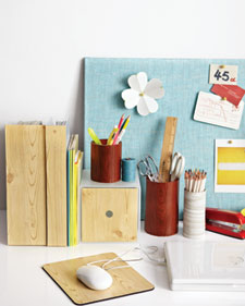 Bring a natural note to Mom's home office with coordinated wood-grain accessories. All it takes to make a matched set of mouse pads, file boxes, and straight-sided glass jars is self-adhesive shelf liner. (marthastewart.com) Bring a natural note to Mom's home office with coordinated wood-grain accessories. All it takes to make a matched set of mouse pads, file boxes, and straight-sided glass jars is self-adhesive shelf liner. (marthastewart.com)