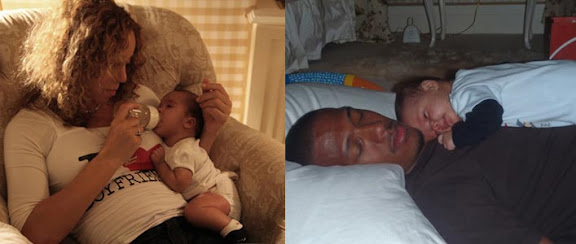 Mariah Carey dando mamadeira para um dos gêmeos e o outro dormindo no peito do pai Nick Cannon.