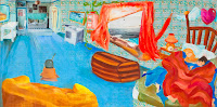 Shack by the Sea for Two, oil and paper on fabric, 39x20