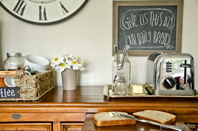 Organized Kitchen | toast station on a vintage tray, chalkboard art, coffee accessories in a basket | personallyandrea.com