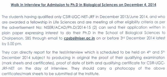 NISER PhD Admissions 2014 December