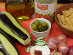 Ingredients for rigatoni with spicy eggplant sauce.