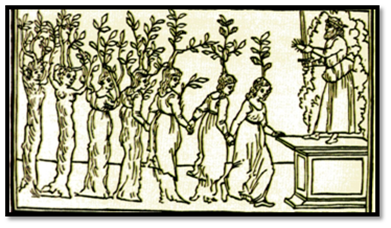 Siete virgenes ninfas que se convierten en árboles. Xilografia de 1499 Siete virgenes ninfas que se convierten en árboles. Xilografia de 1499