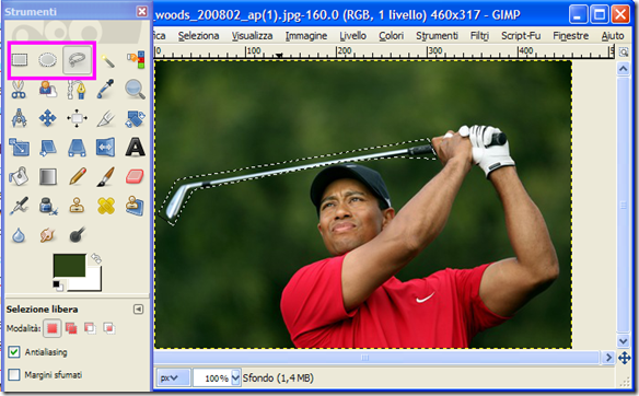 GIMP selezionare lìoggetto da rimuovere dalla foto