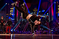 Judge, Bootuz of the Russian Federation, on stage during the Red Bull BC One breakdancing world finals at the Circus Nikulin in Moscow, Russian Federation on November 26, 2011.