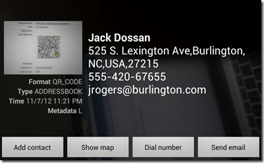 How Contact's scanned QR code looks like in Android Bar Code scanner How Contact's scanned QR code looks like in Android Bar Code scanner
