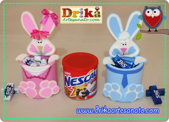 Coelhinho da Páscoa e Coelhinha da Páscoa feito com EVA e lata Coelhinho da Páscoa e Coelhinha da Páscoa feito com EVA e lata