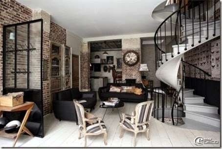 Contemporary-living-room-design-with-interesting-spiral-stairs-with-baluster-and-white-ceramic-floor-and-brick-wall-design-and-black-sofa-and-black-table