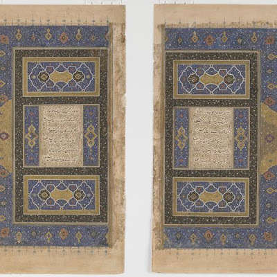 Illuminated double-folio from a Divan (collected poems) by Hafiz (d. 1390) | Origin: Herat, Afghanistan | Period: 1523 Muhammad Qutbshah,Safavid period | Details: This finely illuminated manuscript frontispiece came from the most important illustrated manuscript of the early Safavid period in the Freer's collection (F1932.45). The volume contains the Divan , or collected poems, of Shams al-Din Hafiz, one of Iran's greatest poets and the supreme master of the literary form known as Ghazal (lyrical ode or sonnet). The Freer's luxurious volume of the Divan was executed in Herat, formerly part of the eastern realm of the Iranian empire and today a provincial city in Afghanistan. Throughout the 15th century, Herat occupied a position of great importance as the capital of the Timurid Dynasty (1370-1501) and as a vital cultural center where artists, such as the celebrated Bihzad, brought the classical tradition of manuscript illustration to a high pitch of technical form and formal perfection. The date 930 Hijra (1523 A.D.), found in the Divan's colophon, demonstrates that the ateliers of Herat maintained their high standards of artistic excellence even after the 1510 takeover of the city by the new Safavid Dynasty (1501-1723). Although many Timurid artists fled Herat, others, like Sultan Muhammad Nur, the Divan's copyist, remained to teach the traditional arts of painting, calligraphy, and illumination to Tahmasp, the young governor of the region and heir to the Safavid throne. The brilliant artistic forms that would soon develop at the Safavid court of Tabriz in western Iran under Tahmasp's royal patronage were greatly influenced by the lessons he learned as a youthful connoisseur in Herat. Indeed, early Safavid painting has often been characterized as a synthesis between the refinement and delicacy typical of eastern Iran and the expansive, energetic forms fostered in western Iran. | Type: Opaque watercolor, ink and gold on paper | Size: H: 29.9 W: 18.8 cm | Museu cc38bbf99e65403f9d572d72d7336435.jpg