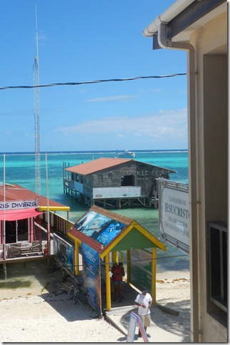 View from the church, you can see our boat anchored behind the shed building