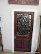 Leaded beveled diamond design with etched griffons in a private residence in Saratoga, CA.