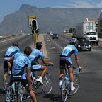 The Trek - Marco Polo Cycling Team waiting at a traffic light in South-Africa with the table mountain at the background. (Photo: Leon van Bon)