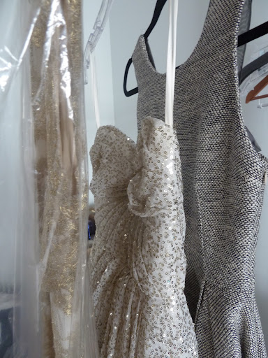 Various styles of metallic... gilded lace from Naeem Khan, sparkling sequins from Sarah Seven, and metallic threaded tweed from Kirribilla.