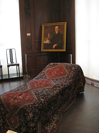 A reproduction of Freud's famed psychoanalysis sofa.