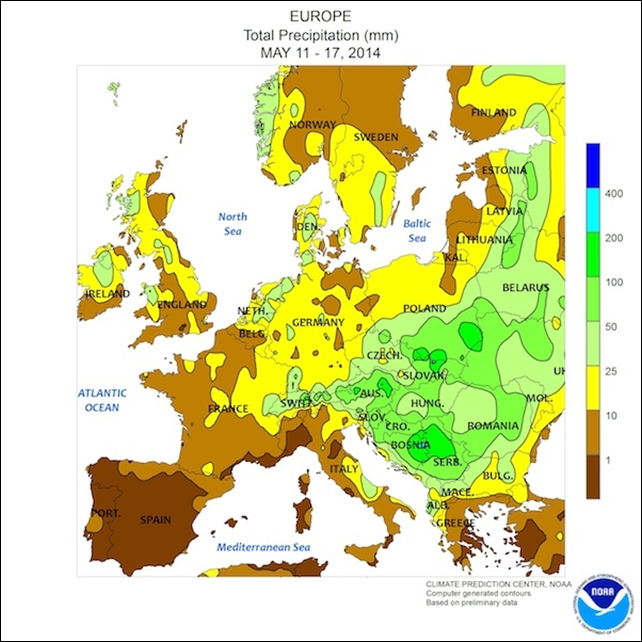 The torrential rains experienced in parts of southeast Europe are evident in this map of rainfall totals across Europe from 11-17 May 2014. Graphic: NOAA